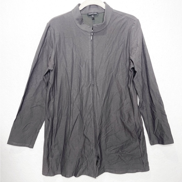 Eileen Fisher Crepe Knit Mandarin Collar Gray Two-Way Zipper Longline Jacket - Picture 1 of 8